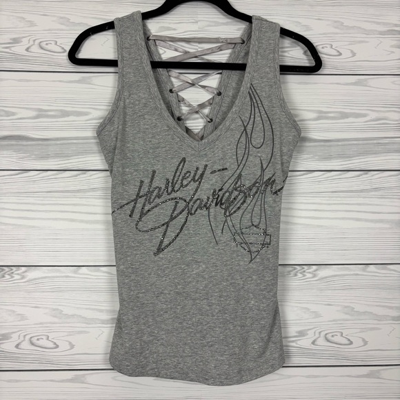 Harley-Davidson Tops - Harley-Davidson Y2K Lace up Gray Tank Top Size Medium